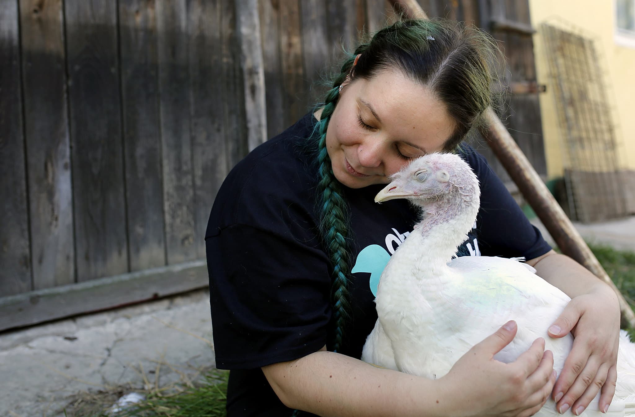 Kobieta z zielonymi warkoczami, przytulająca indyka