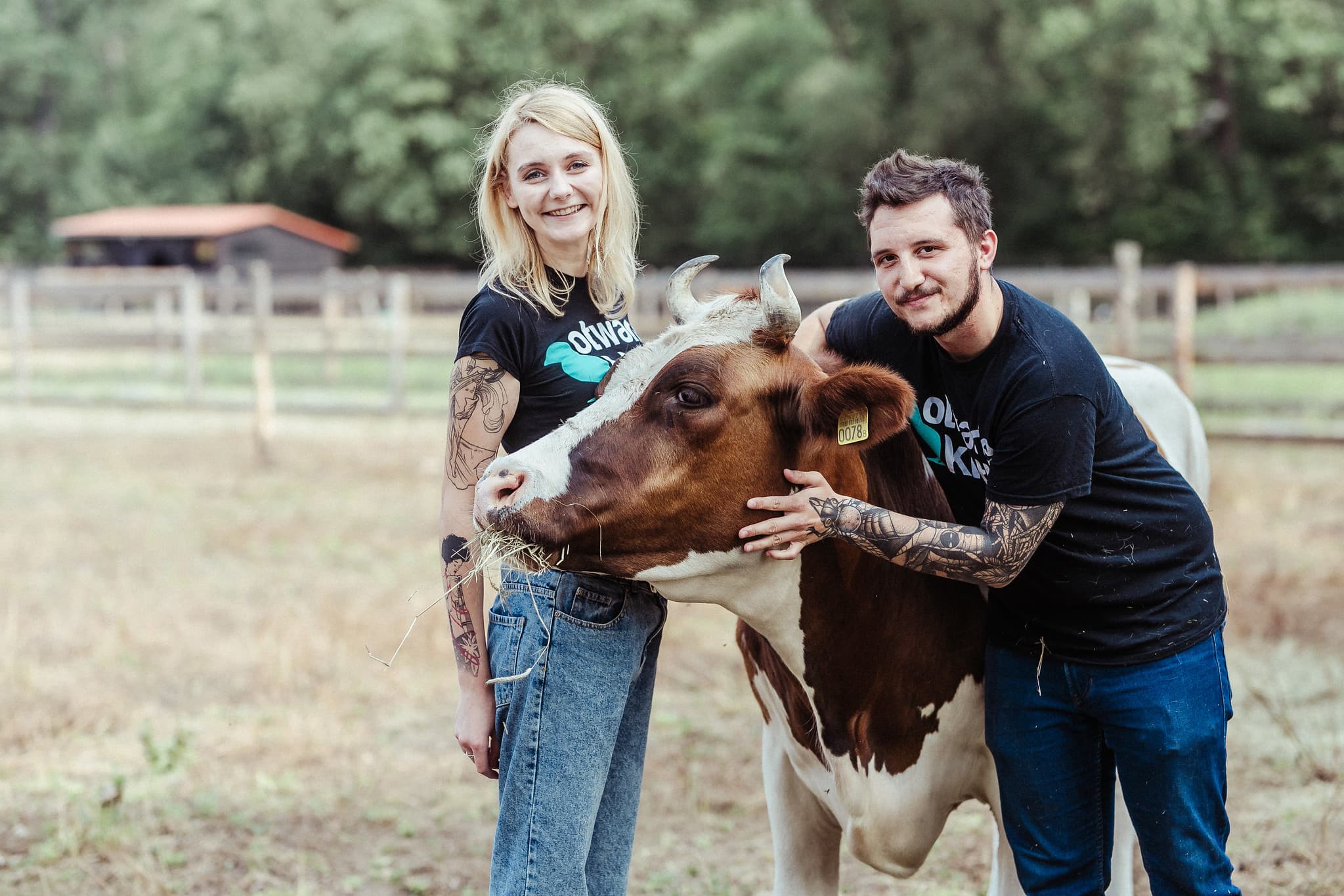 Para ludzi przytulająca krowę